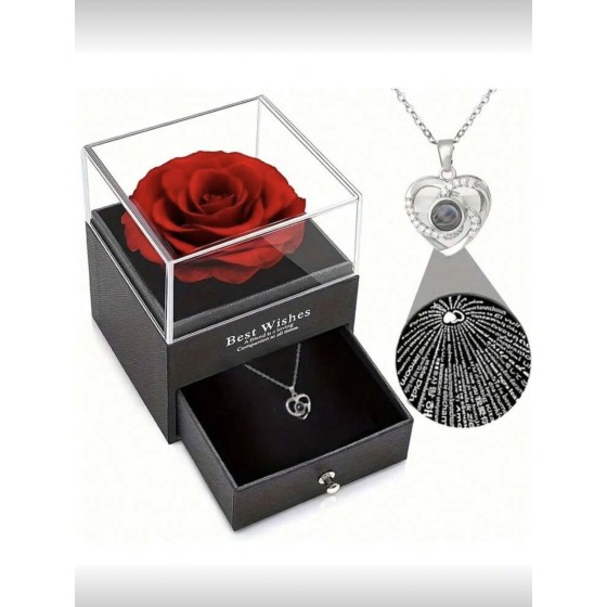 Boite rose éternelle rouge + collier « I Love You »