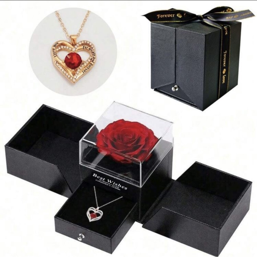 Boîte surprise noir avec rose éternelle + collier