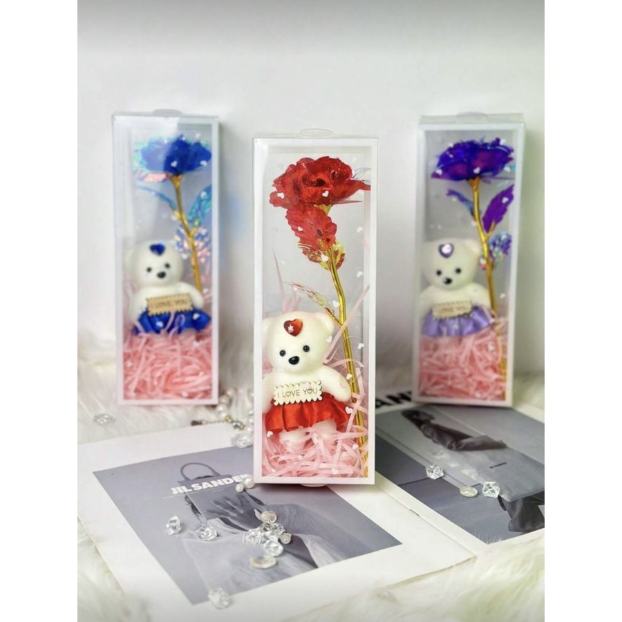 Boîte rose éternelle rouge + nounours